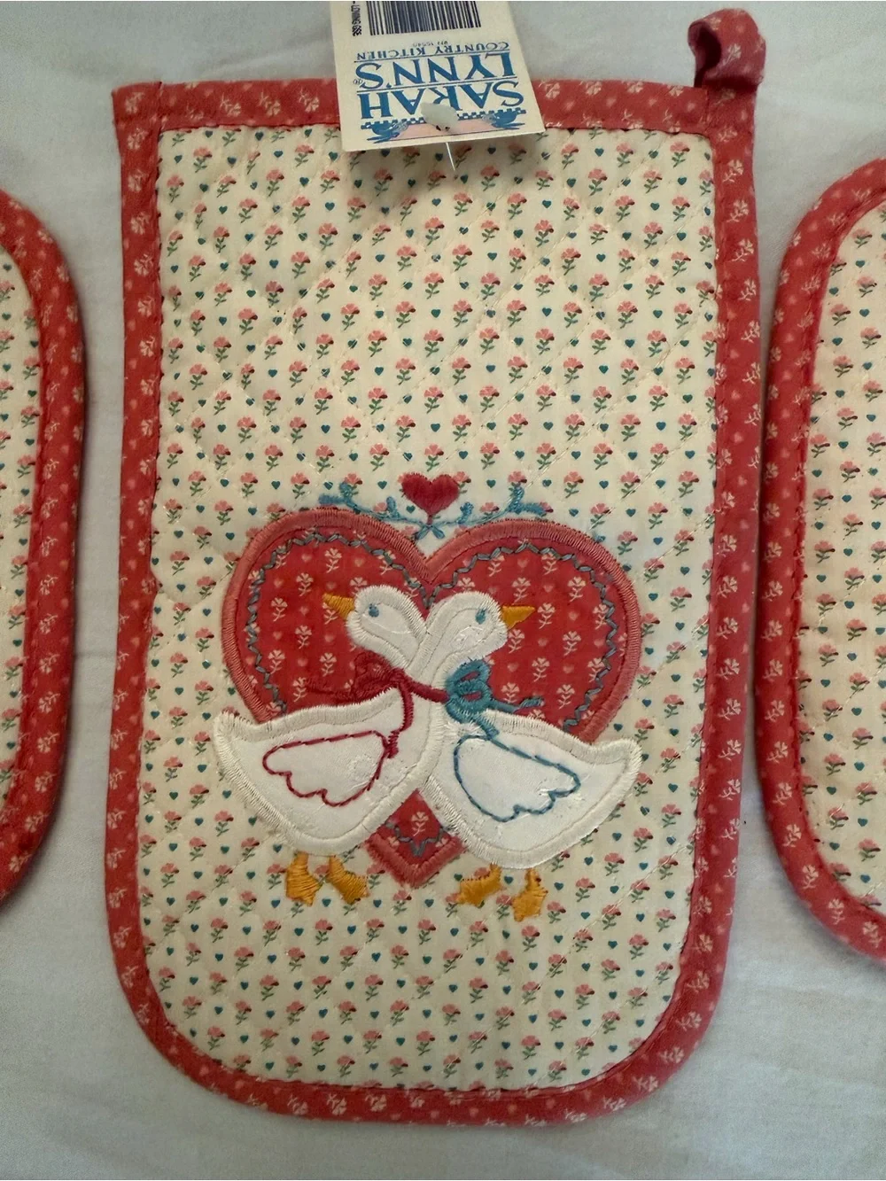 NOS pink & white geese grannycore Quilted Pot Holder Set (3-Piece)